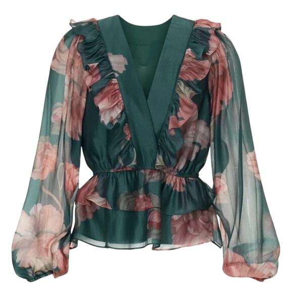 Hutch V-Neck Long Sleeve Floral Sema Top in Green Multi, Size XL - Picture 1 of 10